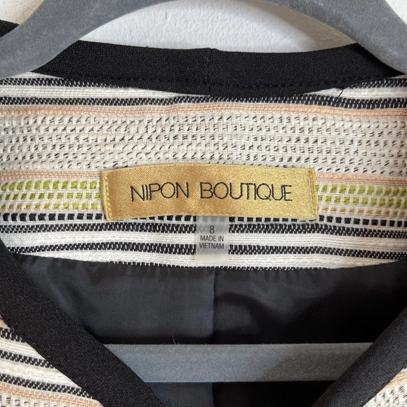 Nipon Boutique Women's Tweed Blazer Jacket 8 Striped Open Front 3/4 Sleeve Cream - Picture 5 of 7